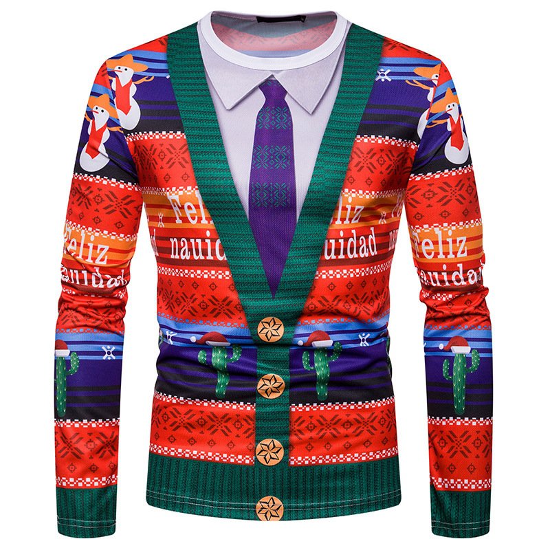 New 3D personality fake two-piece printing fashion men's Christmas long-sleeved T-shirt CT474